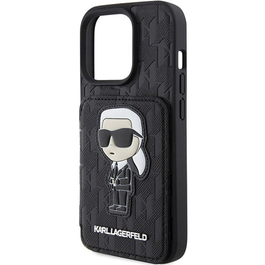 Hülle für Apple iPhone 15 Pro Max, Karl Lagerfeld, Saffiano Kartenfächer und Ständer Monogram Ikonik Karl, Schwarz