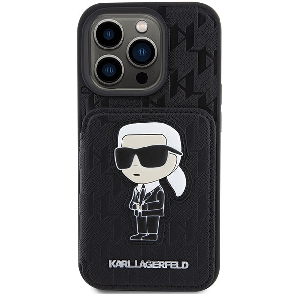 Étui pour Apple iPhone 15 Pro Max, Karl Lagerfeld, Saffiano Cardslots and Stand Monogram Ikonik Karl, Noir
