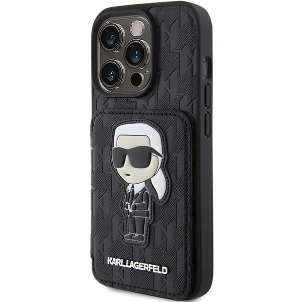 Étui pour Apple iPhone 15 Pro Max, Karl Lagerfeld, Saffiano Cardslots and Stand Monogram Ikonik Karl, Noir
