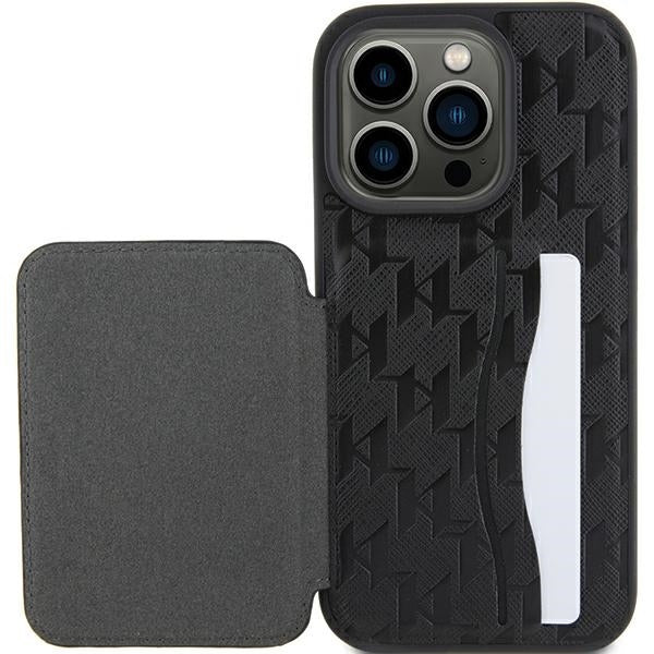 Étui pour Apple iPhone 15 Pro Max, Karl Lagerfeld, Saffiano Cardslots and Stand Monogram Ikonik Karl, Noir