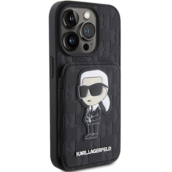 Étui pour Apple iPhone 15 Pro Max, Karl Lagerfeld, Saffiano Cardslots and Stand Monogram Ikonik Karl, Noir