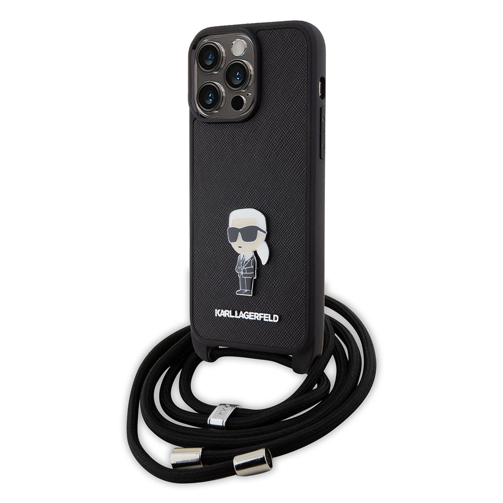Hoes voor Apple iPhone 15 Pro Max, Karl Lagerfeld, Saffiano Crossbody Monogram Metal Pin Karl, Zwart