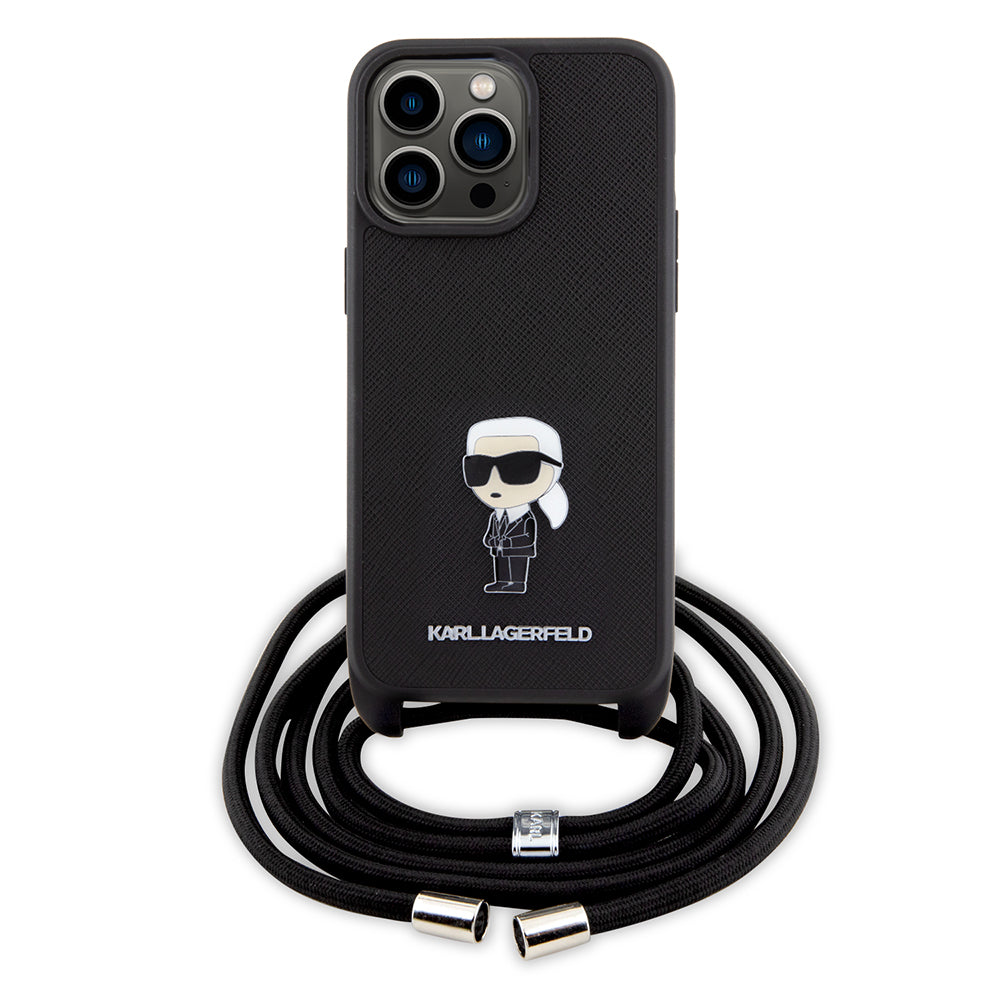 Hoes voor Apple iPhone 15 Pro Max, Karl Lagerfeld, Saffiano Crossbody Monogram Metal Pin Karl, Zwart