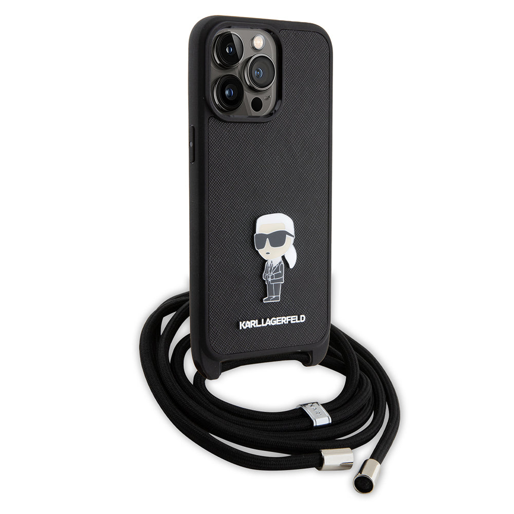 Hoes voor Apple iPhone 15 Pro Max, Karl Lagerfeld, Saffiano Crossbody Monogram Metal Pin Karl, Zwart