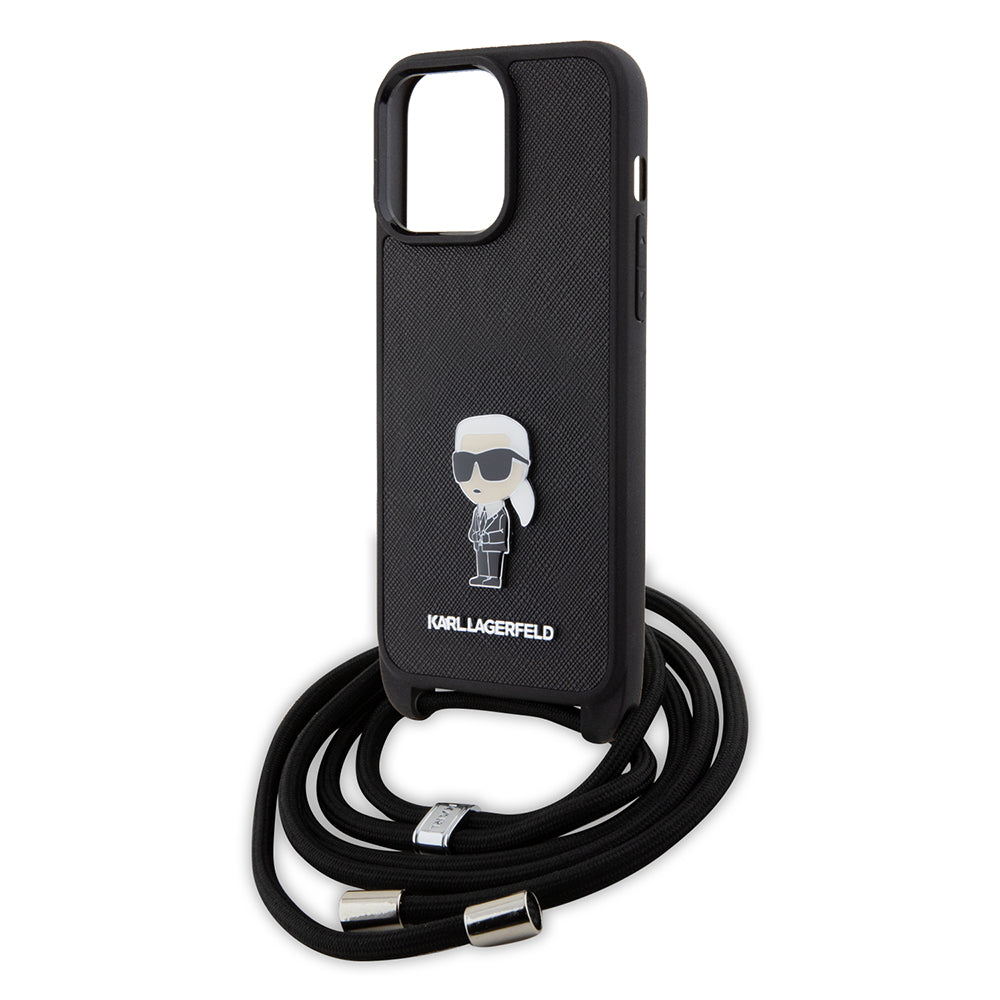Hoes voor Apple iPhone 15 Pro Max, Karl Lagerfeld, Saffiano Crossbody Monogram Metal Pin Karl, Zwart