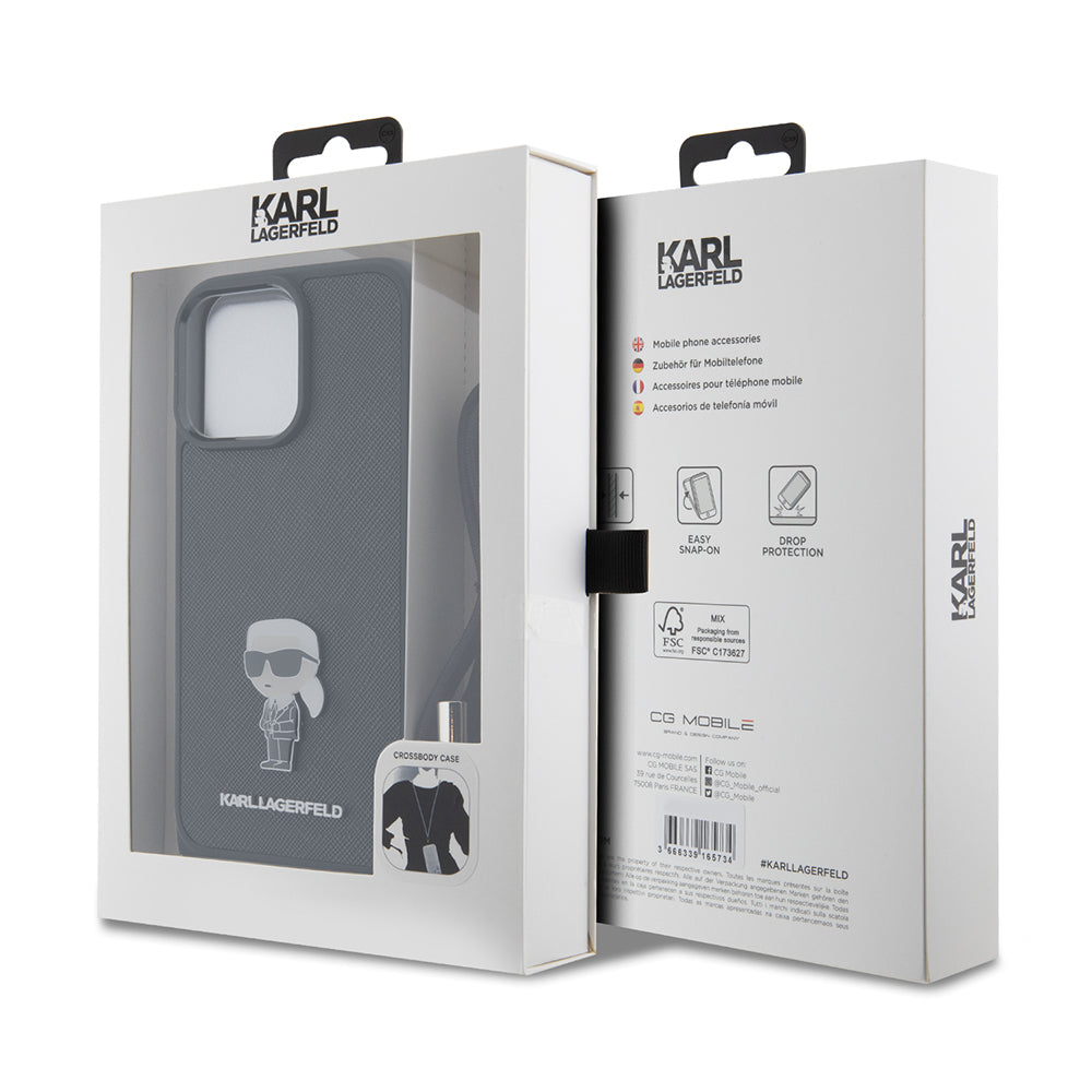 Hoes voor Apple iPhone 15 Pro Max, Karl Lagerfeld, Saffiano Crossbody Monogram Metal Pin Karl, Zwart