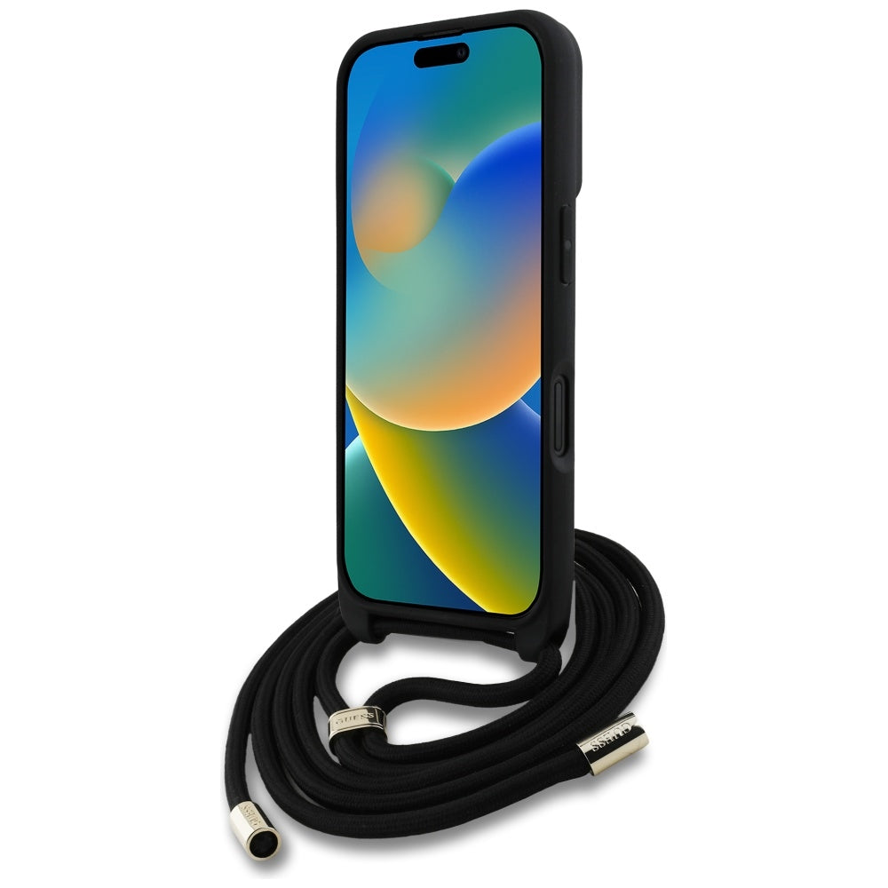 Hoes voor Apple iPhone 16, Guess, 4G CBDY Big Logo met Koordriem, Zwart