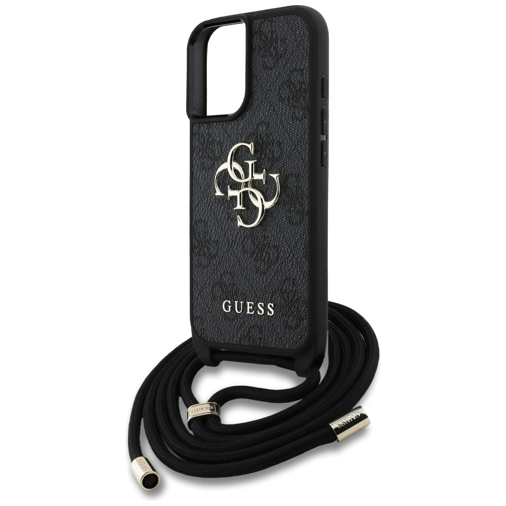Hoes voor Apple iPhone 16, Guess, 4G CBDY Big Logo met Koordriem, Zwart