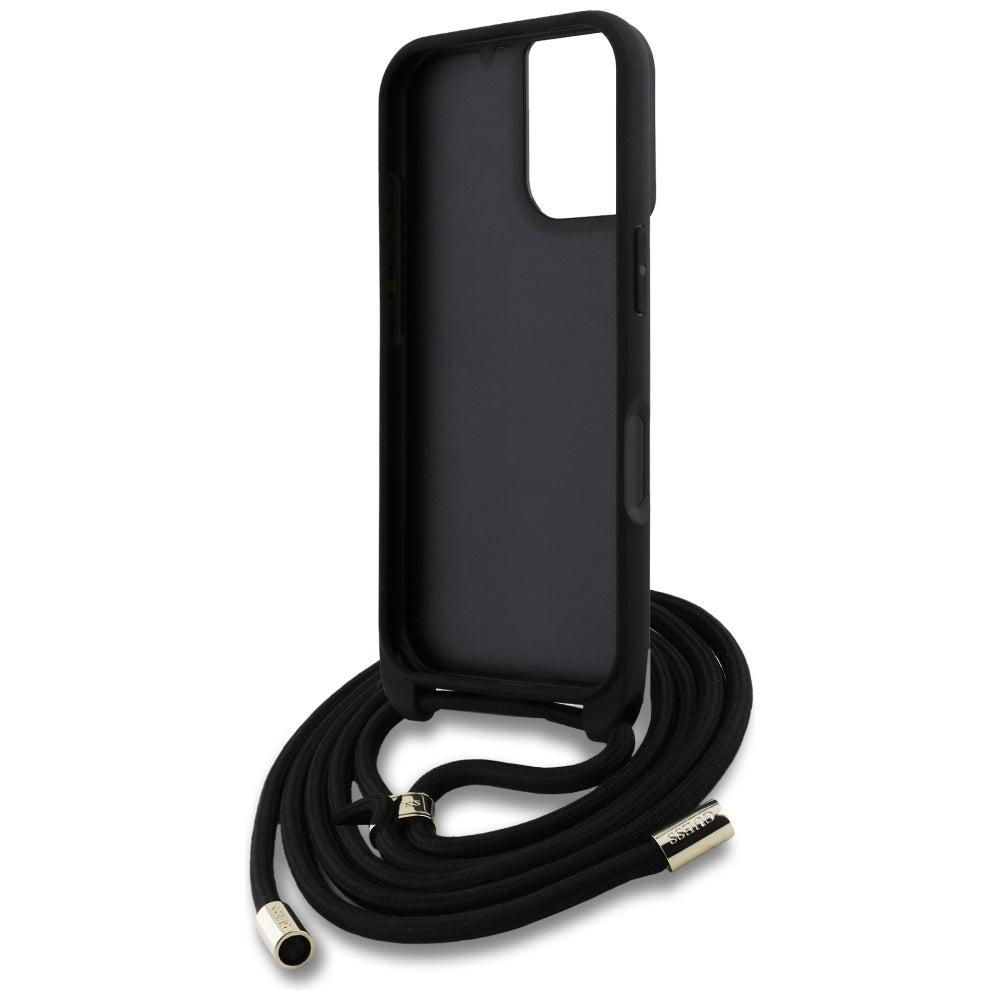 Hoes voor Apple iPhone 16, Guess, 4G CBDY Big Logo met Koordriem, Zwart