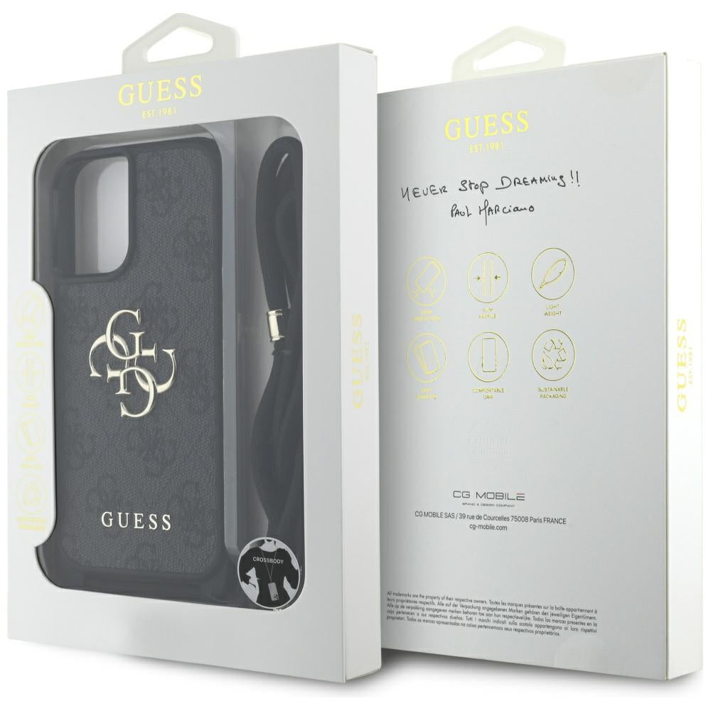 Hoes voor Apple iPhone 16, Guess, 4G CBDY Big Logo met Koordriem, Zwart
