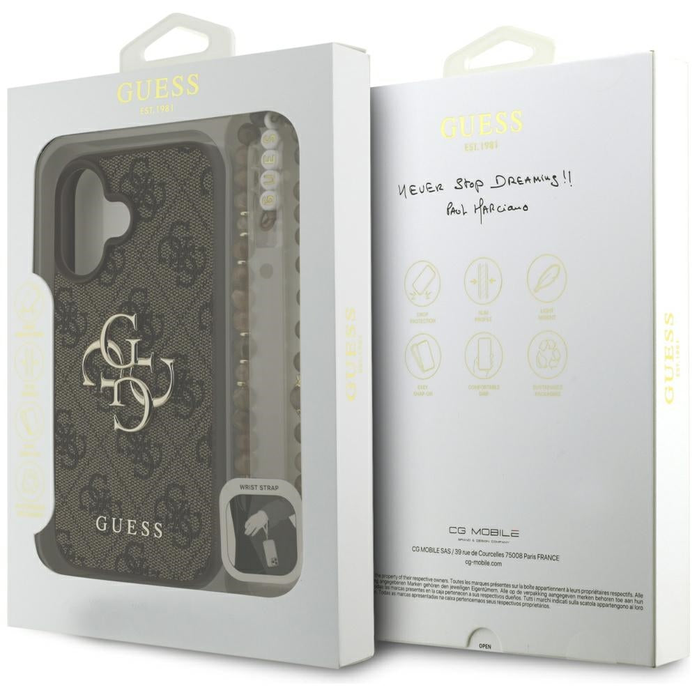 Étui pour Apple iPhone 16, Guess, 4G Classic Logo avec sangle, Marron