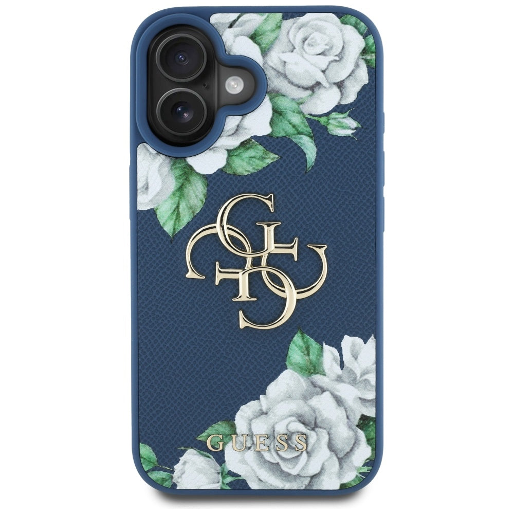 Étui pour Apple iPhone 16, Guess, 4G Grained Roses Big Logo, Bleu