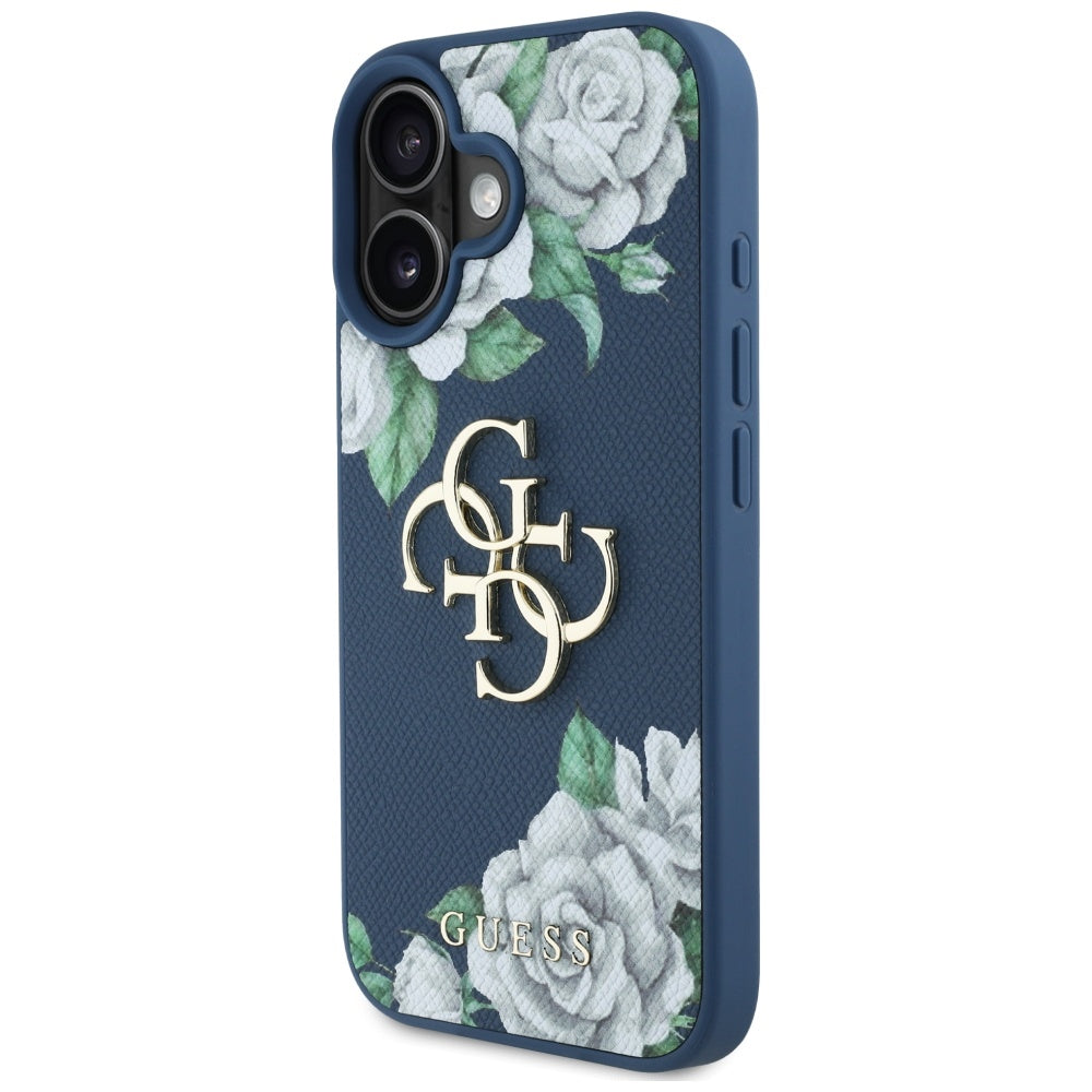 Étui pour Apple iPhone 16, Guess, 4G Grained Roses Big Logo, Bleu