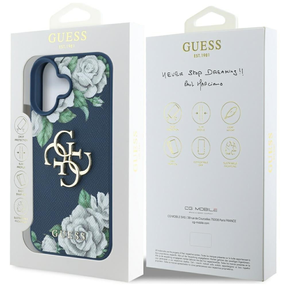 Étui pour Apple iPhone 16, Guess, 4G Grained Roses Big Logo, Bleu