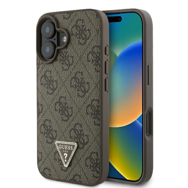 Hülle für Apple iPhone 16, Guess, 4G Triangle Strass, Braun