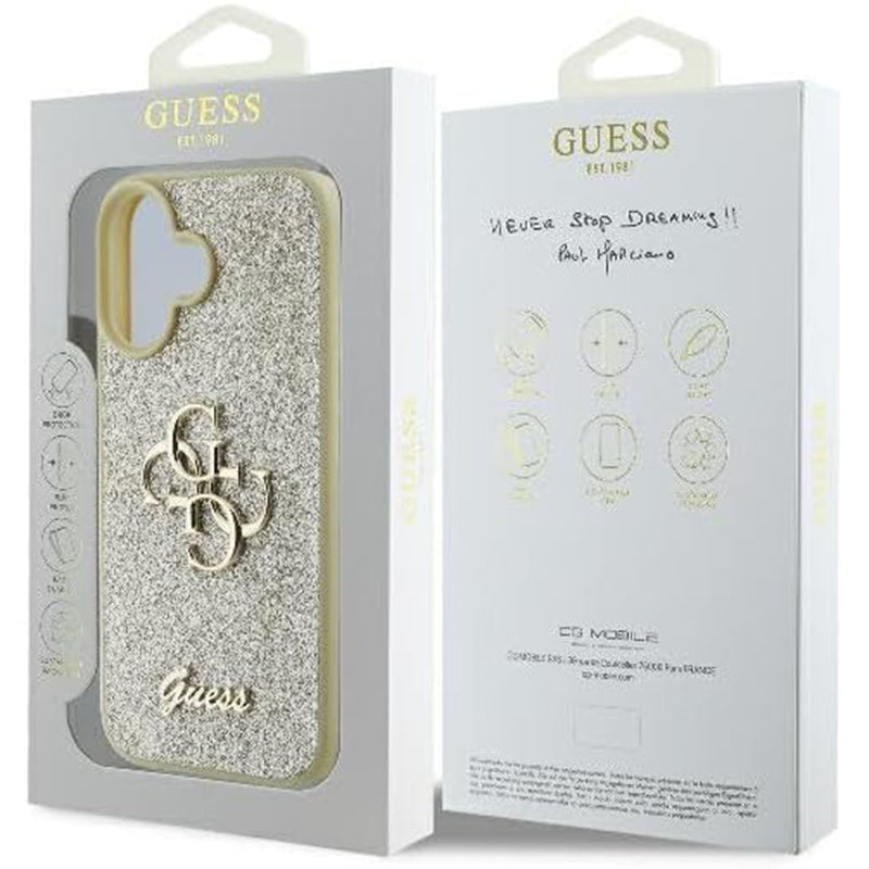 Étui pour Apple iPhone 16, Guess, Fixed Glitter Big 4G, Doré