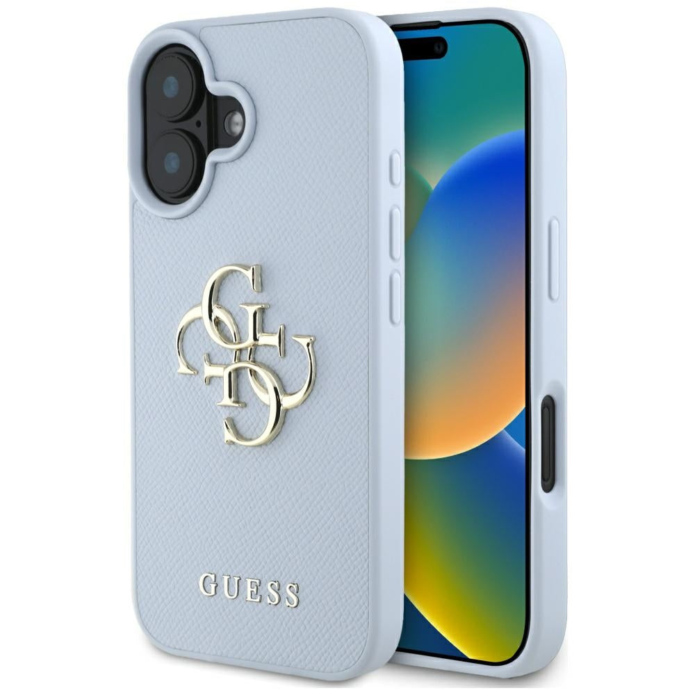 Hülle für Apple iPhone 16, Guess, Grained Big 4G Logo Small Classic Logo, Blau