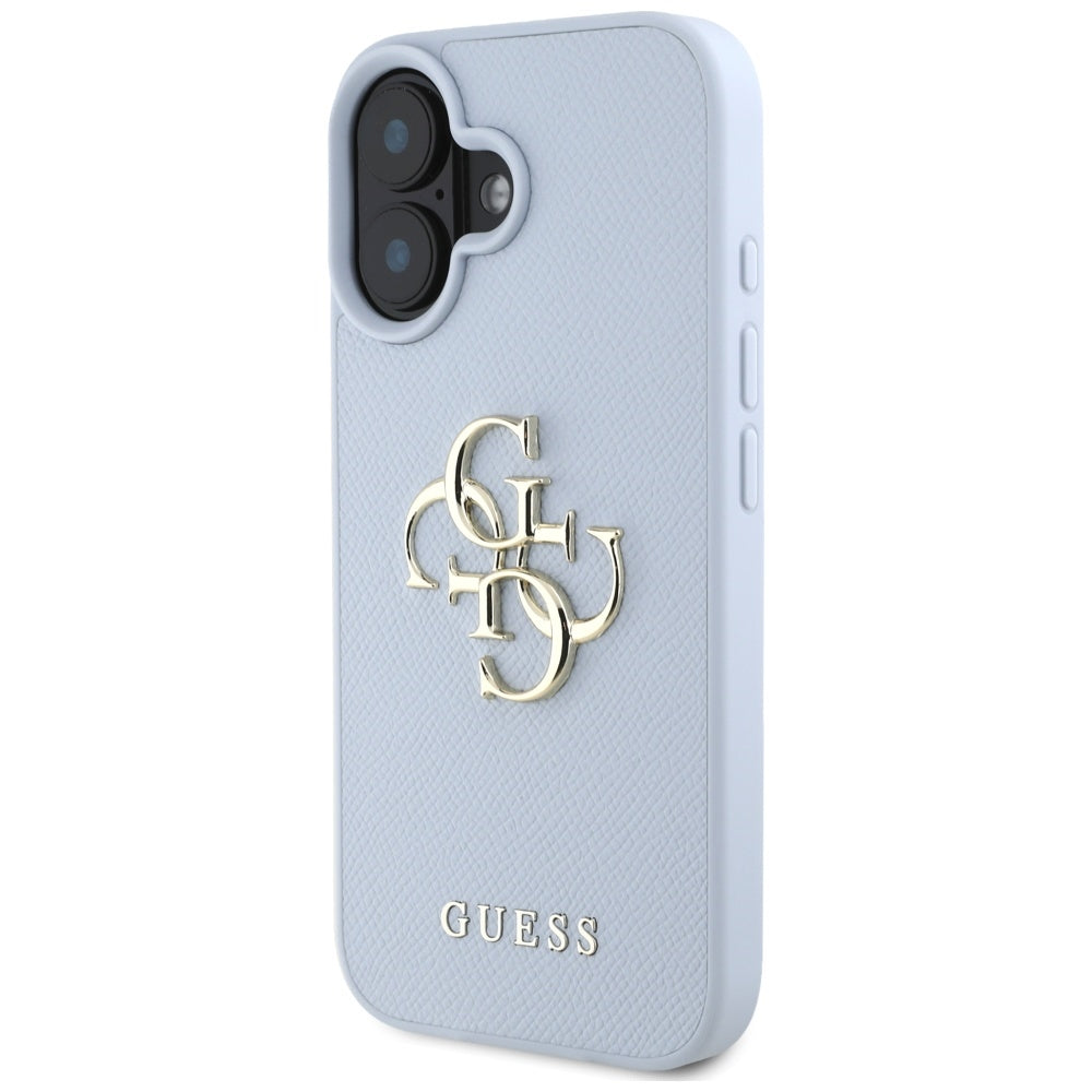 Hülle für Apple iPhone 16, Guess, Grained Big 4G Logo Small Classic Logo, Blau