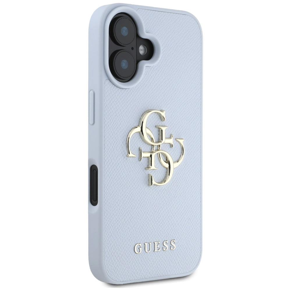 Hülle für Apple iPhone 16, Guess, Grained Big 4G Logo Small Classic Logo, Blau