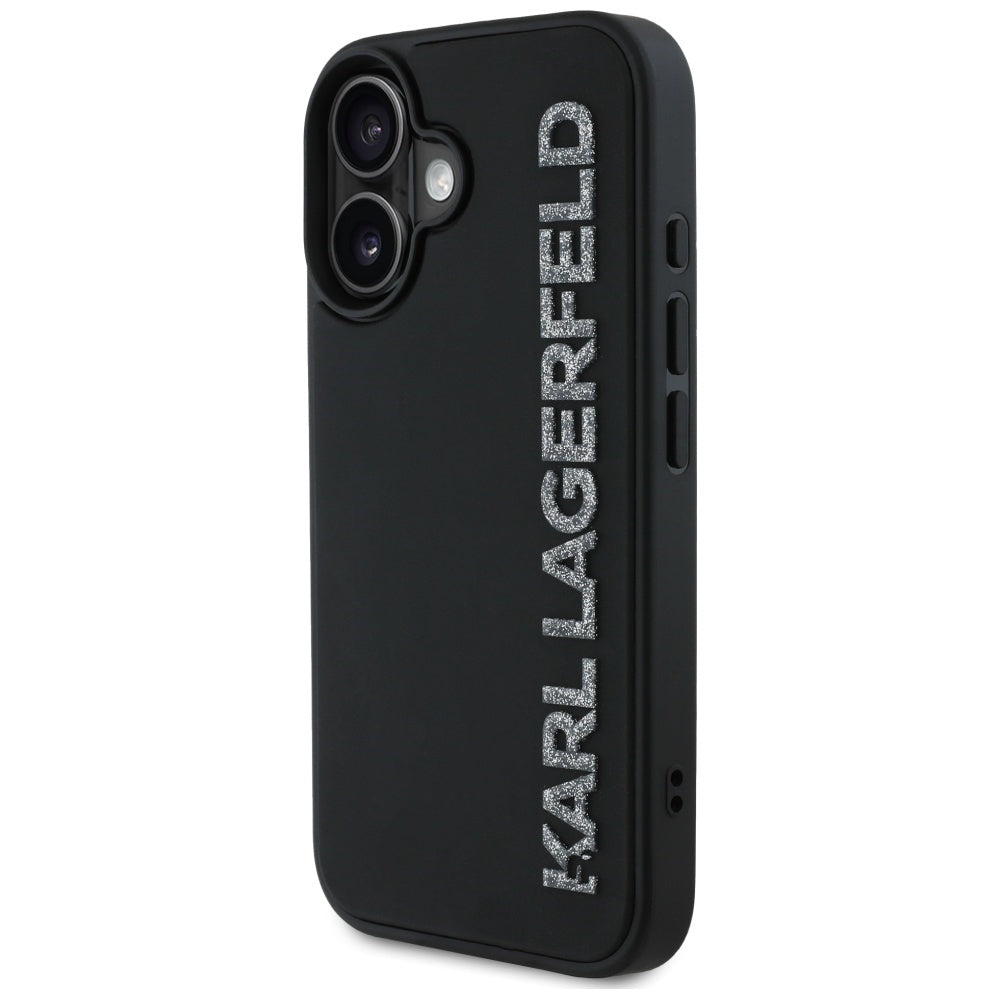 Hoes voor Apple iPhone 16, Karl Lagerfeld, 3D Rubber Elongated Glitter Logo, Zwart