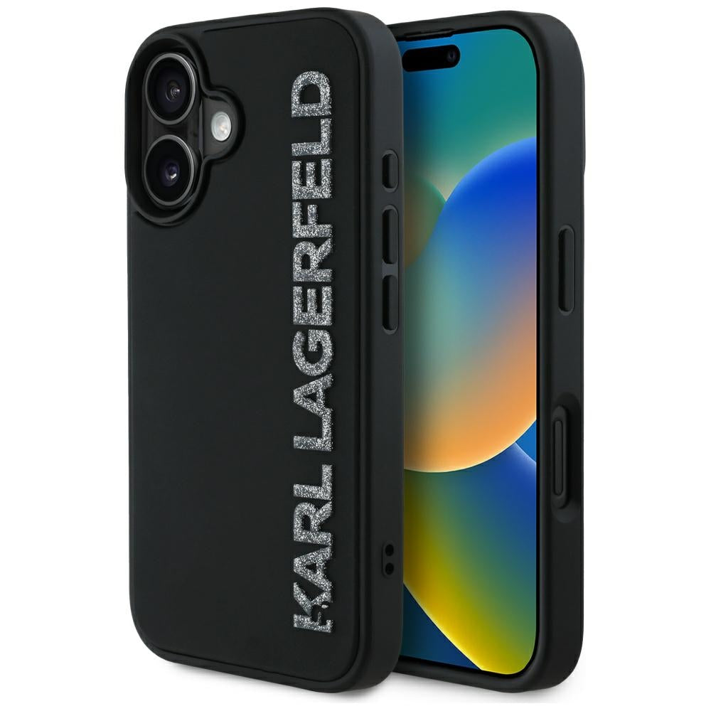 Hoes voor Apple iPhone 16, Karl Lagerfeld, 3D Rubber Elongated Glitter Logo, Zwart