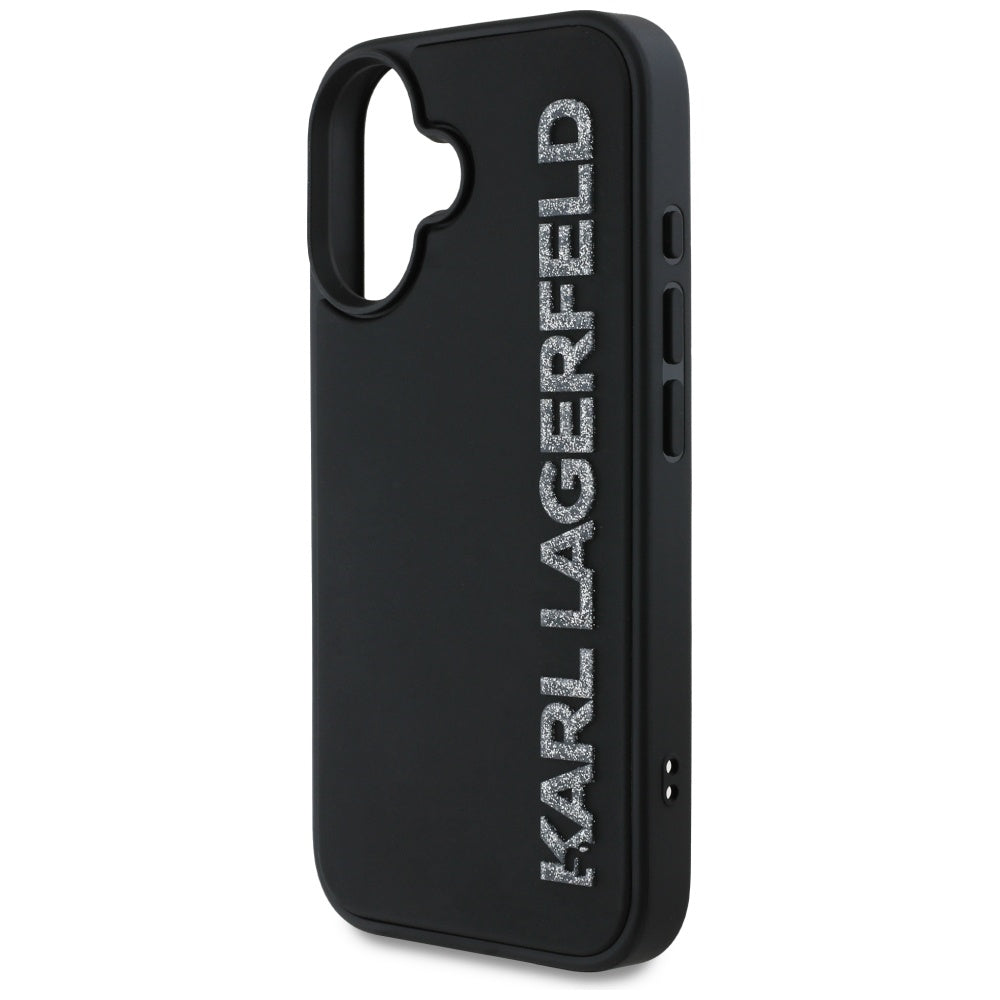 Hoes voor Apple iPhone 16, Karl Lagerfeld, 3D Rubber Elongated Glitter Logo, Zwart