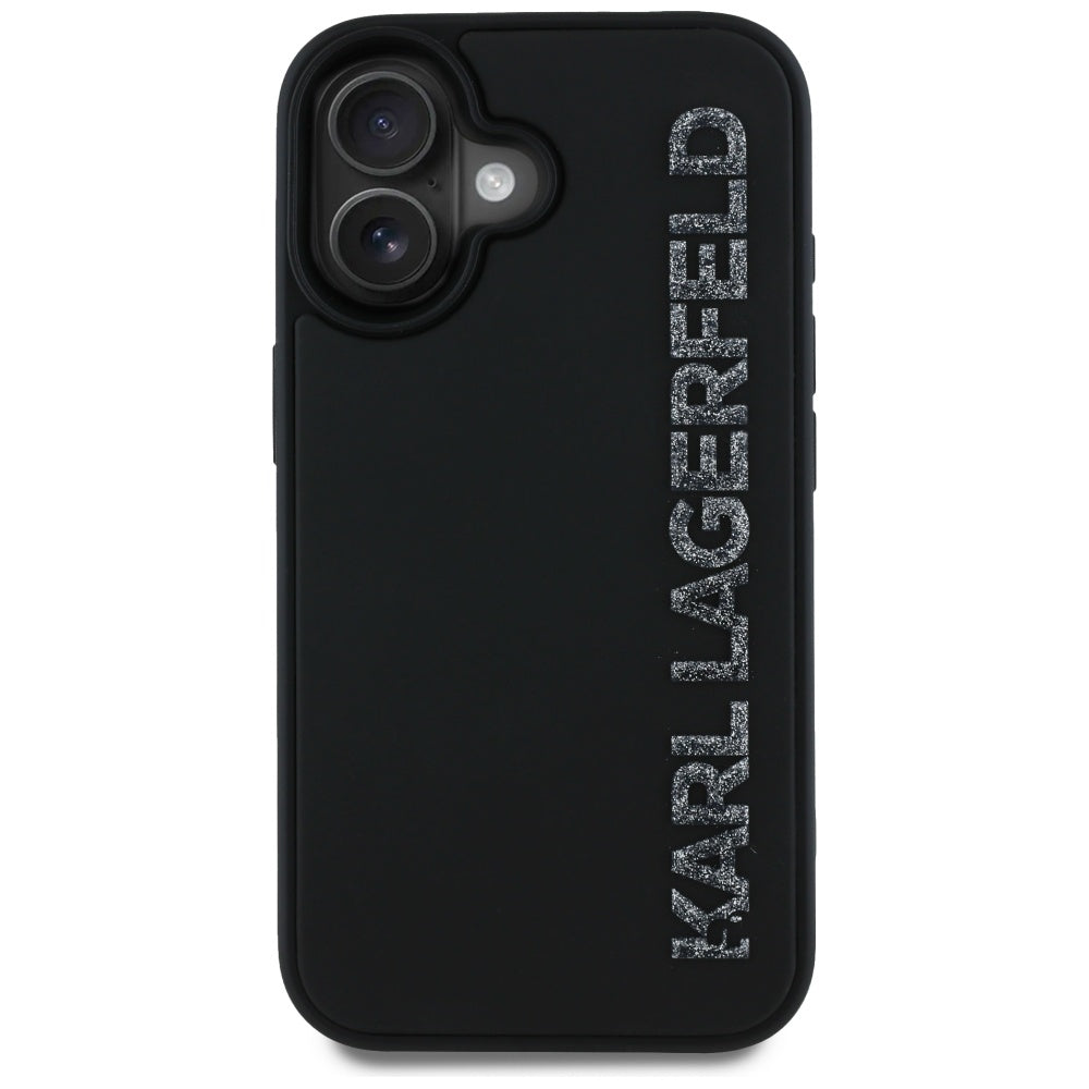 Hoes voor Apple iPhone 16, Karl Lagerfeld, 3D Rubber Elongated Glitter Logo, Zwart