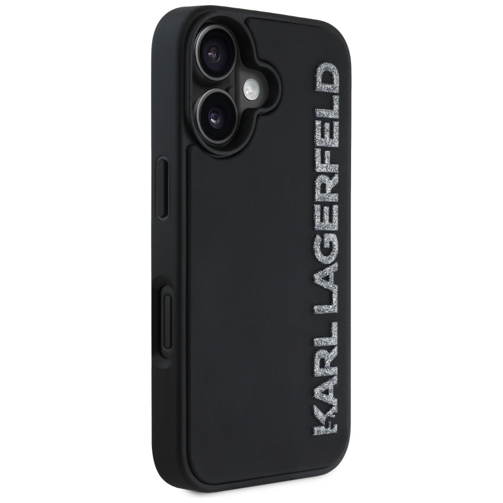 Hoes voor Apple iPhone 16, Karl Lagerfeld, 3D Rubber Elongated Glitter Logo, Zwart