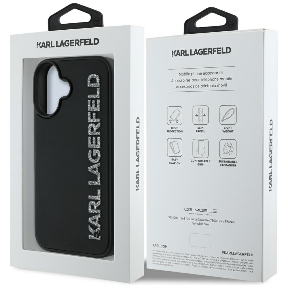 Hoes voor Apple iPhone 16, Karl Lagerfeld, 3D Rubber Elongated Glitter Logo, Zwart