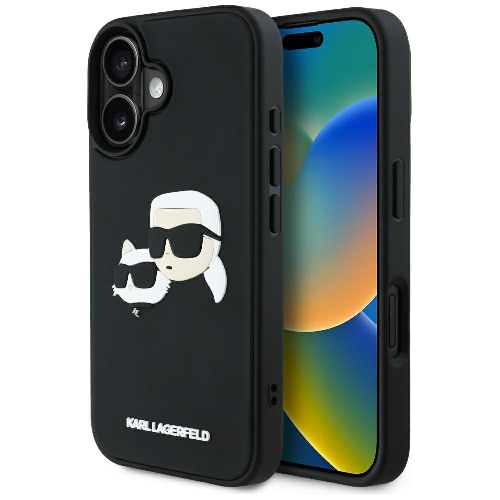 Hoes voor Apple iPhone 16, Karl Lagerfeld, 3D Rubber Karl & Choupette, Zwart