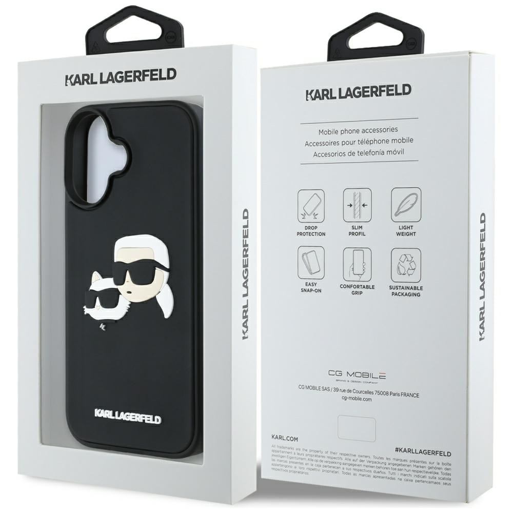Hoes voor Apple iPhone 16, Karl Lagerfeld, 3D Rubber Karl & Choupette, Zwart