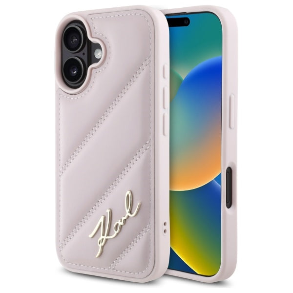 Hoes voor Apple iPhone 16, Karl Lagerfeld, Diagonal Quilted Script, Roze