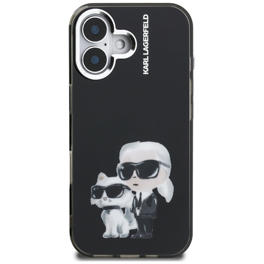 Case for Apple iPhone 16, Karl Lagerfeld, IML Aquarelle Logo Karl & Choupette, Black