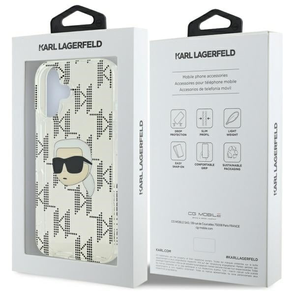 Hülle für Apple iPhone 16, Karl Lagerfeld, IML Luxury Electroplated Karl's Head, Transparent