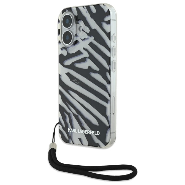 Hoes voor Apple iPhone 16, Karl Lagerfeld, IML Luxury Zebra Pattern met Band, Zwart