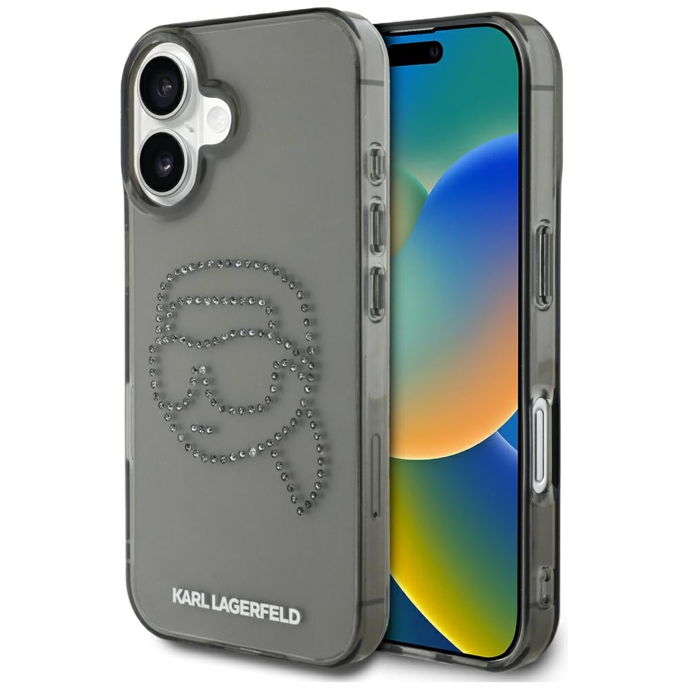 Étui pour Apple iPhone 16, Karl Lagerfeld, IML Rhinestones Karl's Head, Noir