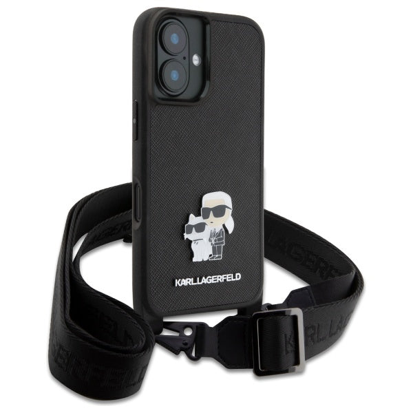 Hülle für Apple iPhone 16, Karl Lagerfeld, Saffiano Crossbody Metal Pin Karl & Choupette, Weiß
