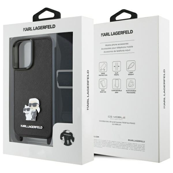 Hülle für Apple iPhone 16, Karl Lagerfeld, Saffiano Crossbody Metal Pin Karl & Choupette, Weiß