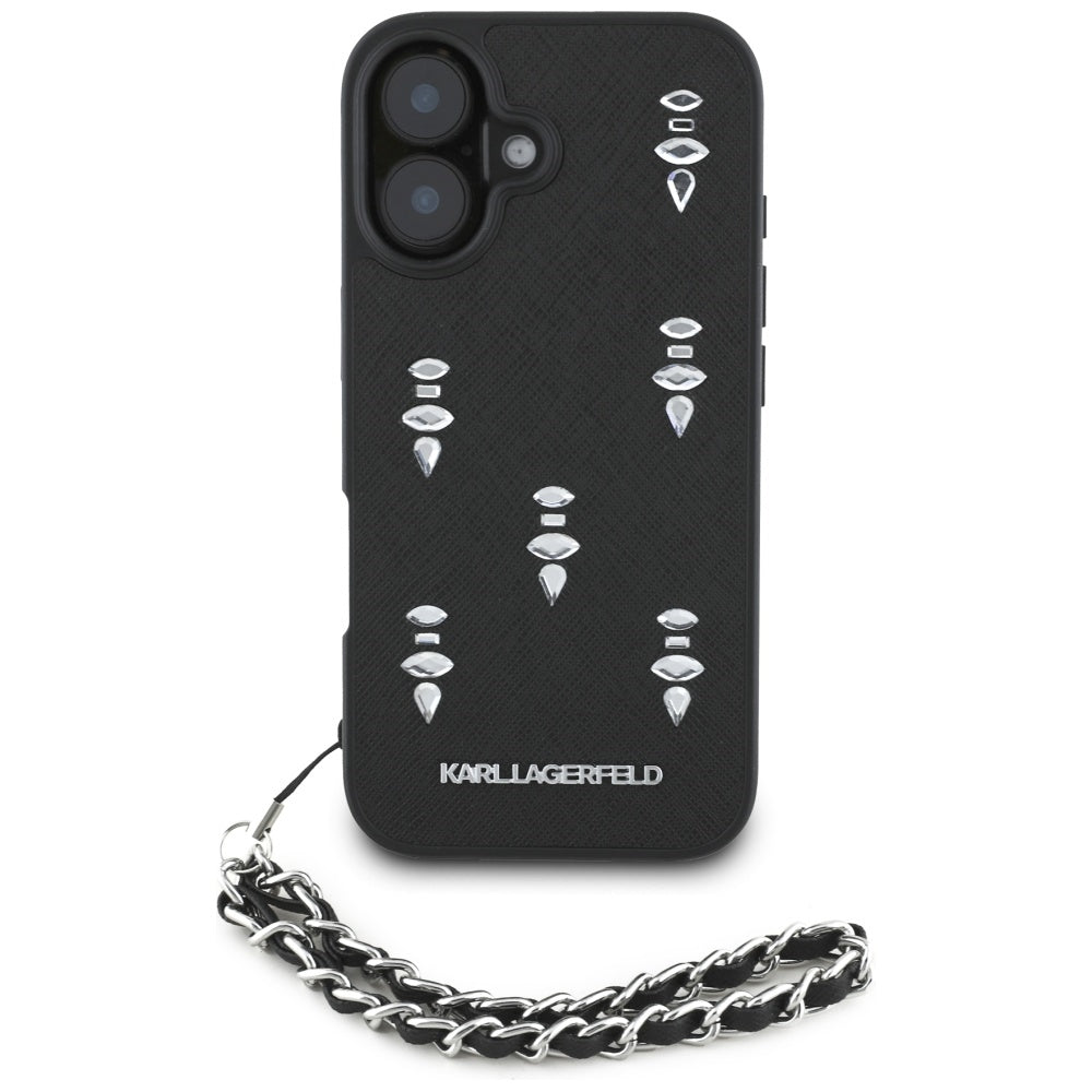 Étui pour Apple iPhone 16, Karl Lagerfeld, Saffiano Crystals & Charm, Noir