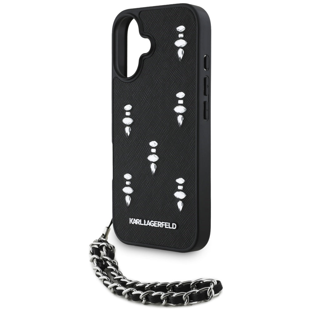 Étui pour Apple iPhone 16, Karl Lagerfeld, Saffiano Crystals & Charm, Noir