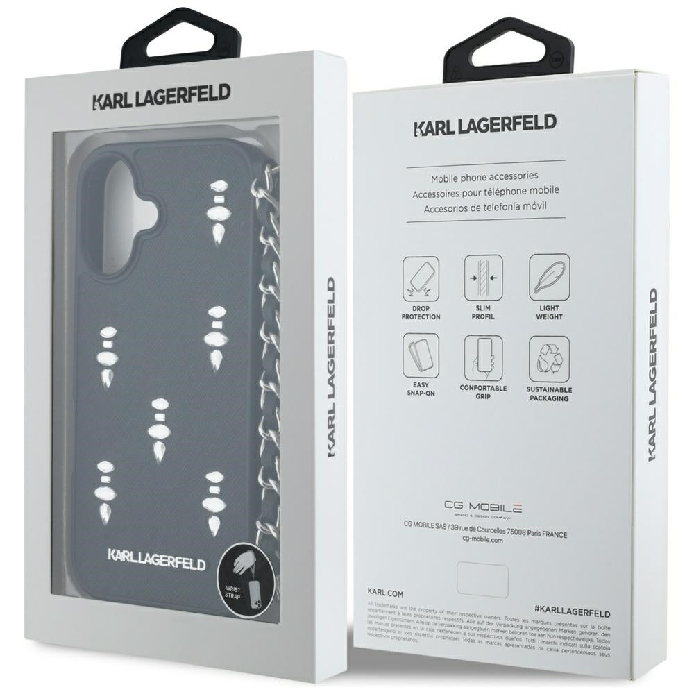 Étui pour Apple iPhone 16, Karl Lagerfeld, Saffiano Crystals & Charm, Noir