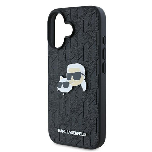Hülle für Apple iPhone 16 Plus, Karl Lagerfeld, Monogramm Karl & Choupette's Köpfe, Schwarz