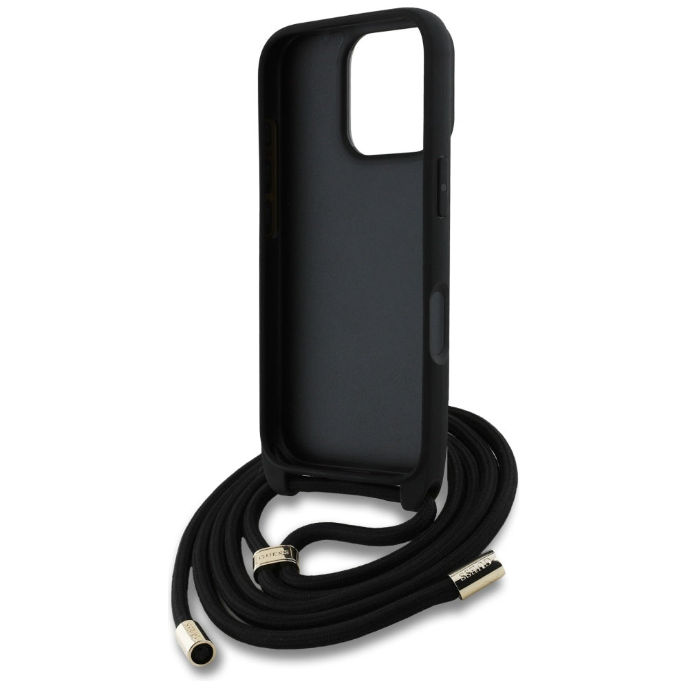 Case for Apple iPhone 16 Pro, Guess, 4G CBDY Big Logo with Cord Strap, Brown