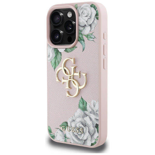 Étui pour Apple iPhone 16 Pro, Guess, 4G Grained Roses Big Logo, Rose