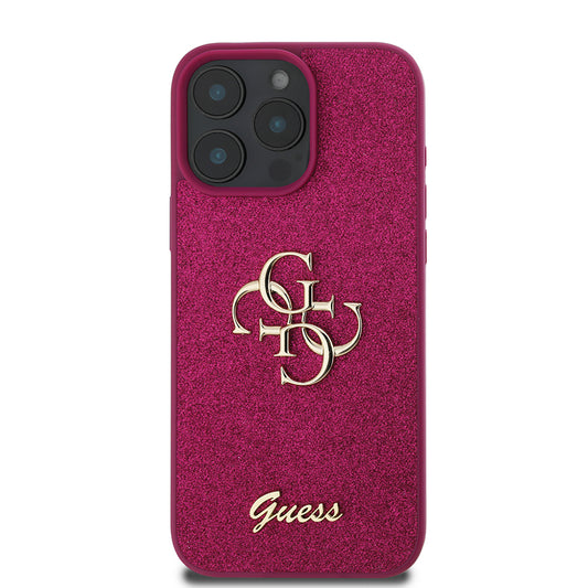 Étui pour Apple iPhone 16 Pro, Guess, Glitter Big 4G Script, Magenta