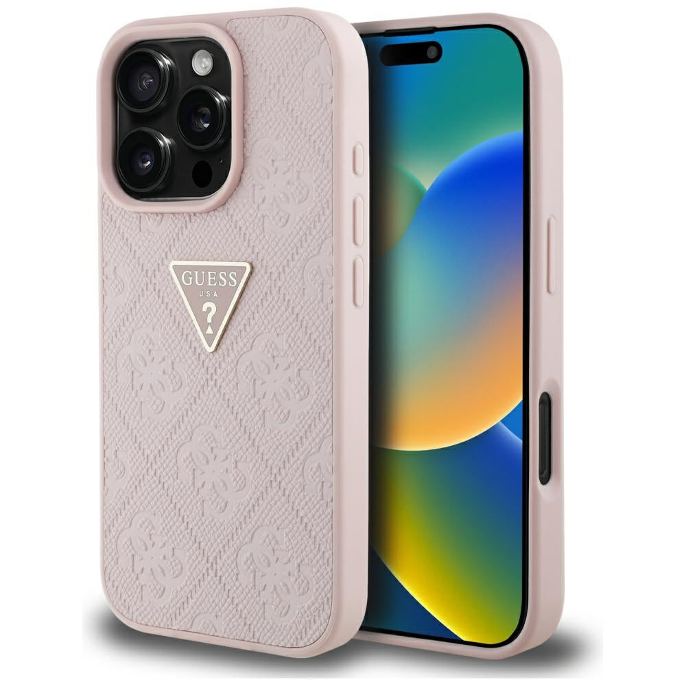 Étui pour Apple iPhone 16 Pro, Guess, Hot Stamp 4G Pattern Triangle Logo, Rose.