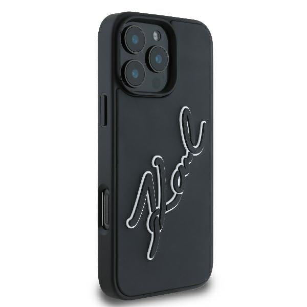 Étui pour Apple iPhone 16 Pro, Karl Lagerfeld, Signature en Caoutchouc 3D, Noir