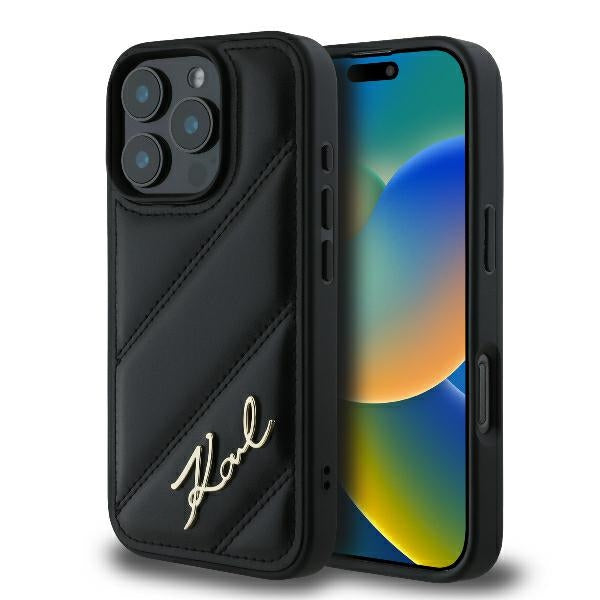 Hoes voor Apple iPhone 16 Pro, Karl Lagerfeld, Diagonal Quilted Script, Zwart