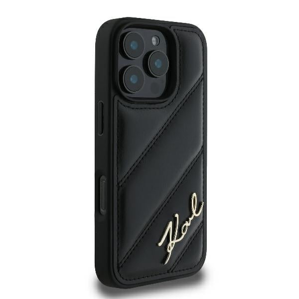 Hoes voor Apple iPhone 16 Pro, Karl Lagerfeld, Diagonal Quilted Script, Zwart