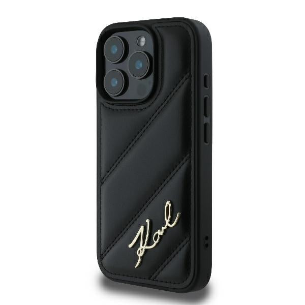 Hoes voor Apple iPhone 16 Pro, Karl Lagerfeld, Diagonal Quilted Script, Zwart